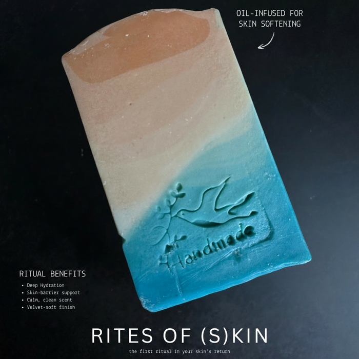 Bar of soap with 'Rites of (S)kin' branding on a dark background