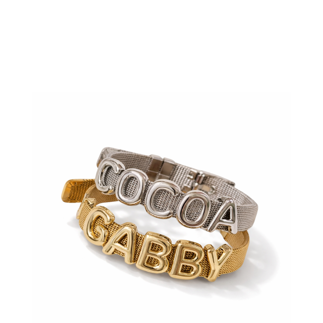 Woven name plate bracelets in gold and silver with matching letters 