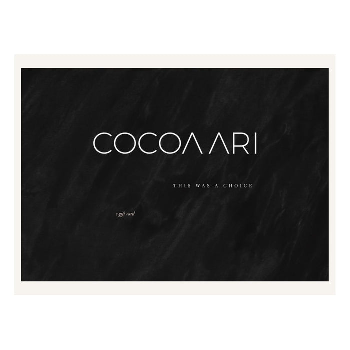 COCOA ARI black gift card with modern white text and marble texture background