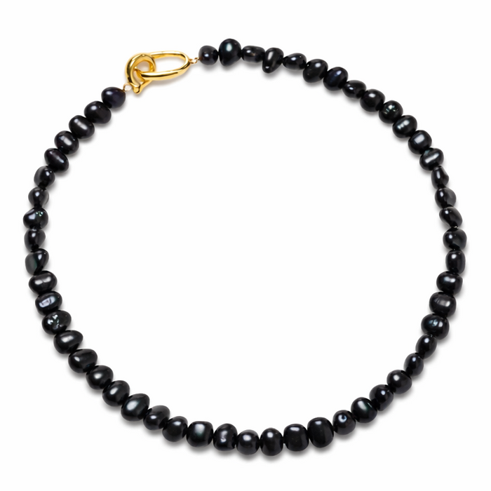 Black beaded necklace with a gold clasp