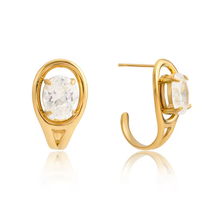Gold earrings with a clear gemstone on a white background