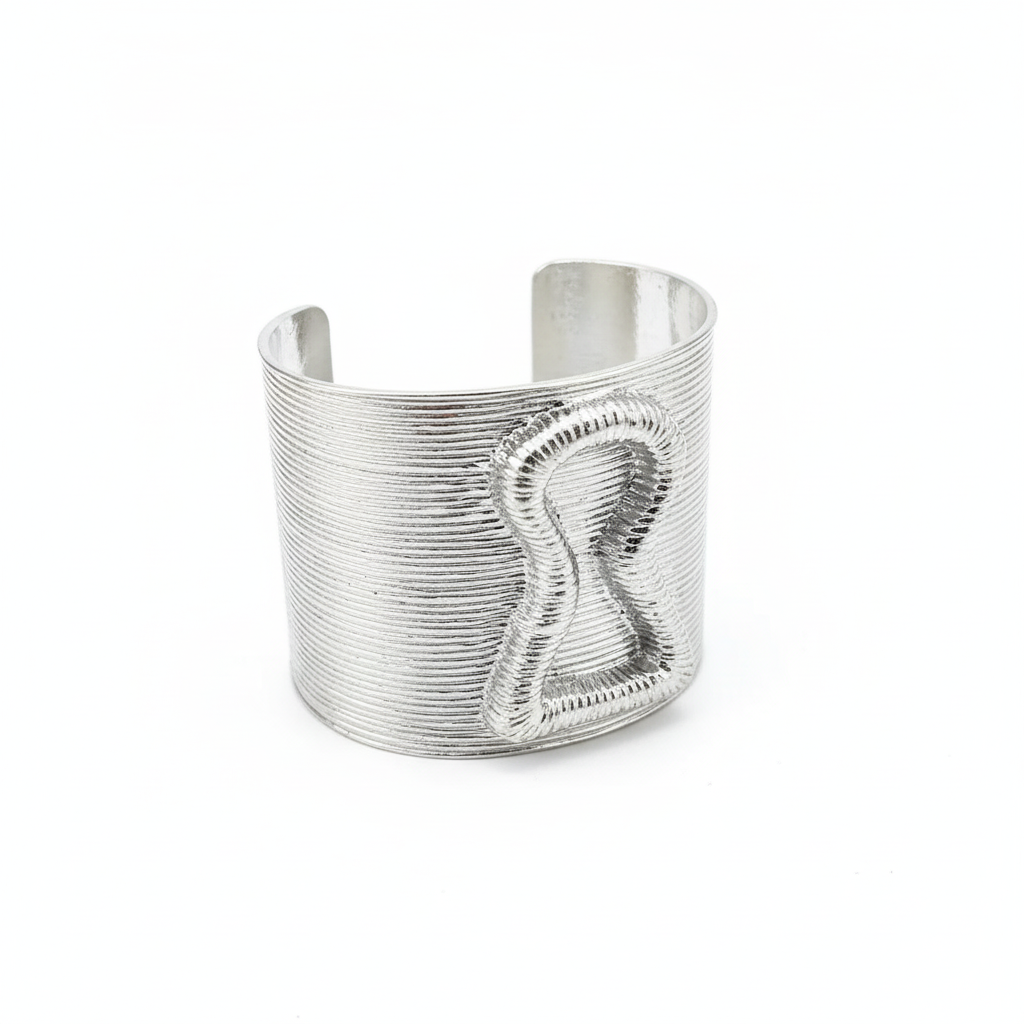 Silver cuff bracelet on a dark surface with 'Add to cart' and 'Buy now' buttons.