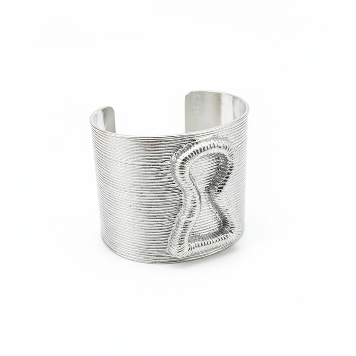 Silver cuff bracelet on a dark surface with 'Add to cart' and 'Buy now' buttons.