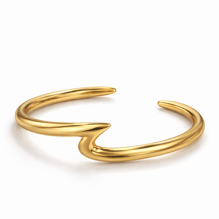 Modern gold demi-fine open cuff bracelet by COCOA ARI, minimalist jewelry on white background