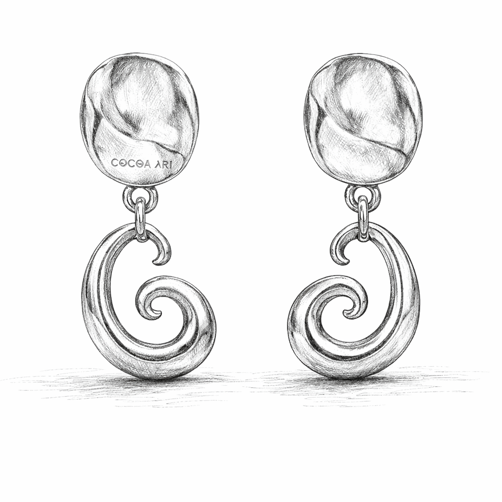 COCOA ARI sketch of modern swirl drop earrings, demi-fine jewelry inspired by heritage design