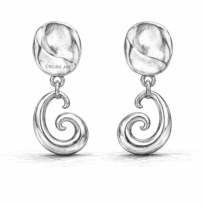COCOA ARI sketch of modern swirl drop earrings, demi-fine jewelry inspired by heritage design