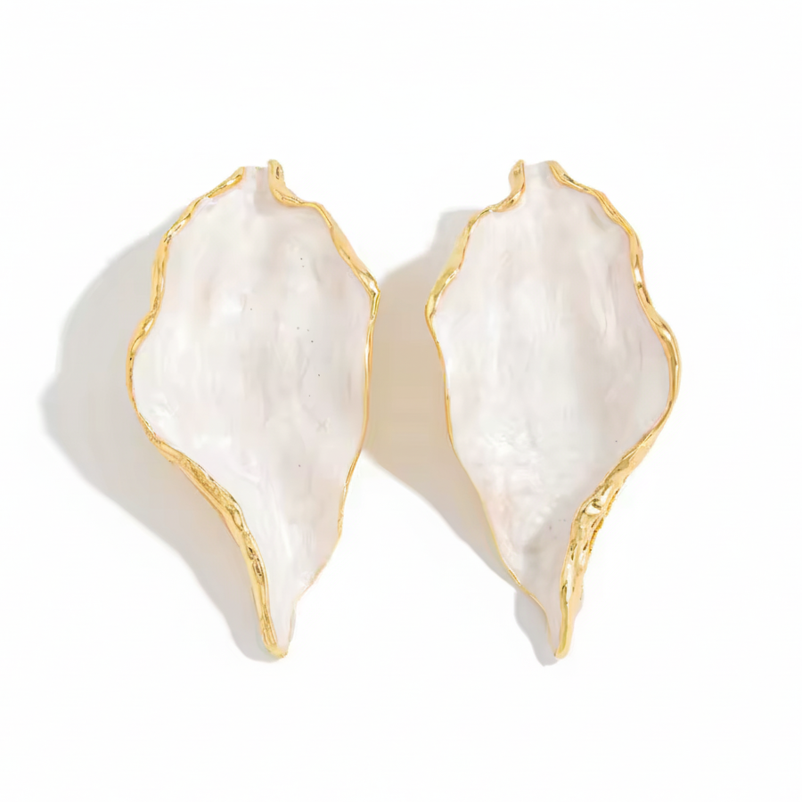 Gold-trimmed shell-shaped earrings on white background, demi-fine jewelry by COCOA ARI