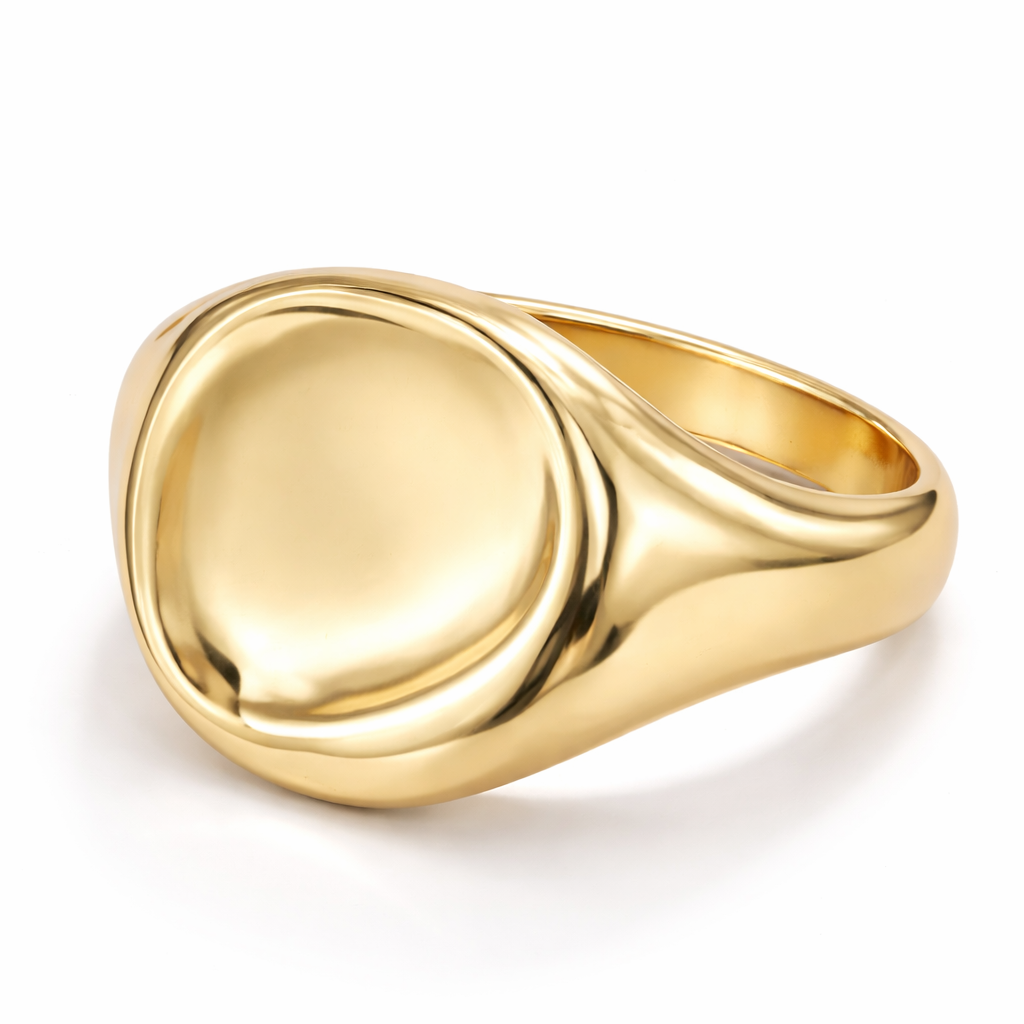 COCOA ARI modern gold signet ring with smooth, polished finish on white background