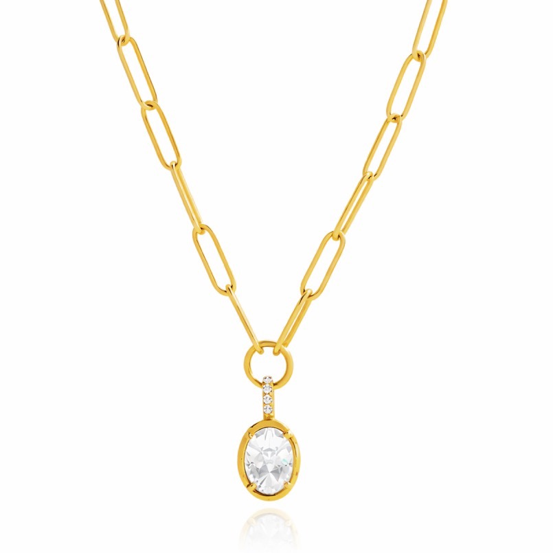Gold paperclip necklace with a clear gemstone pendant
