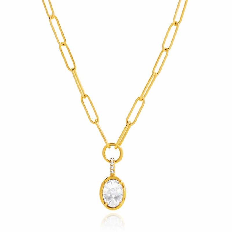 Gold paperclip necklace with a clear gemstone pendant
