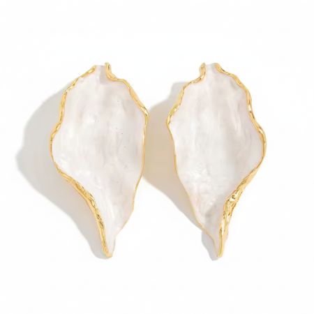Gold-trimmed shell-shaped earrings on white background, demi-fine jewelry by COCOA ARI
