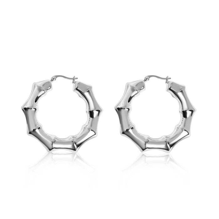 Pair of silver hoop earrings on a white background