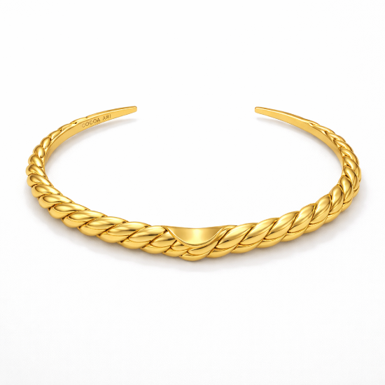 Gold braided torque necklace with concave indent in the front
