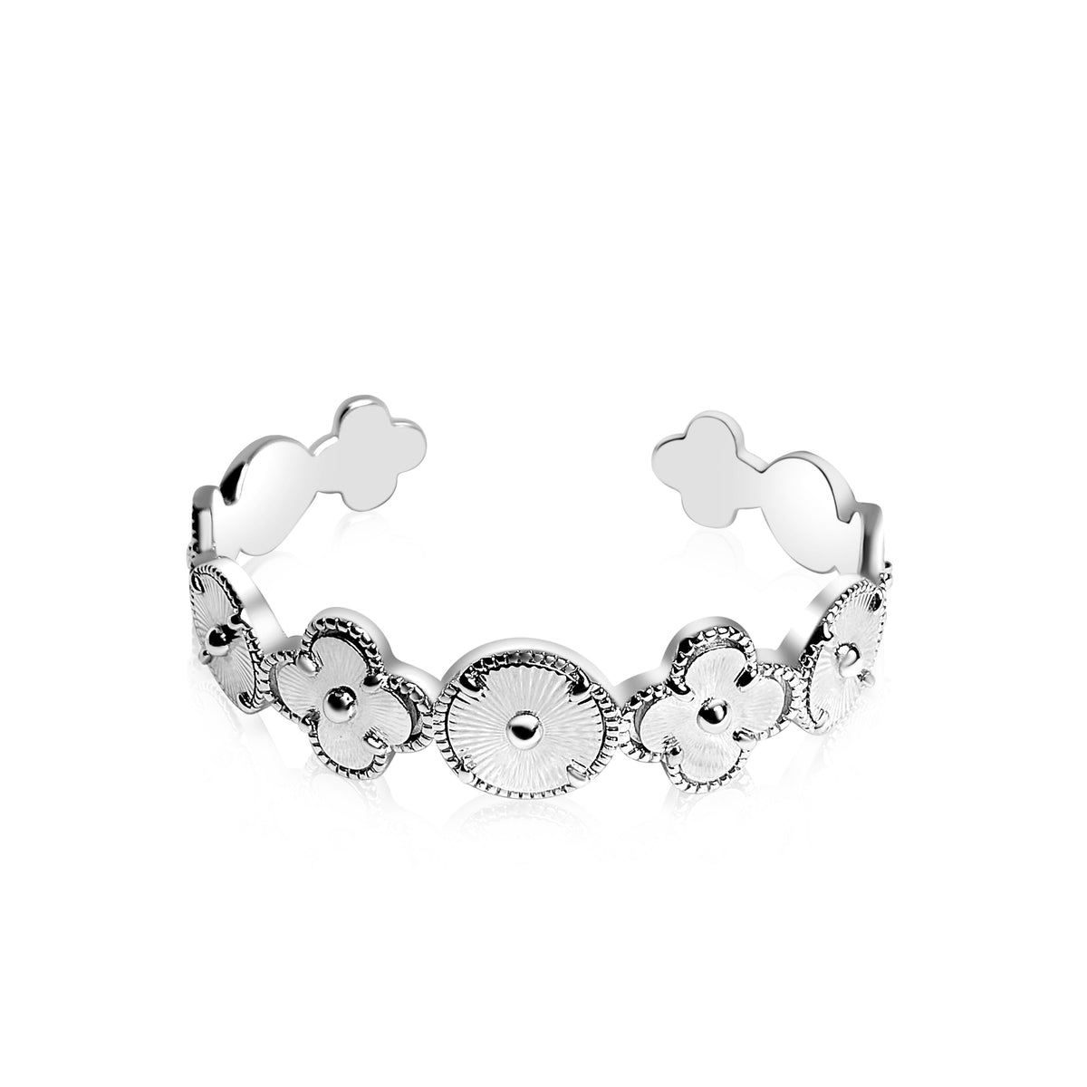 Silver bracelet with teddy bear and round charm on a white background