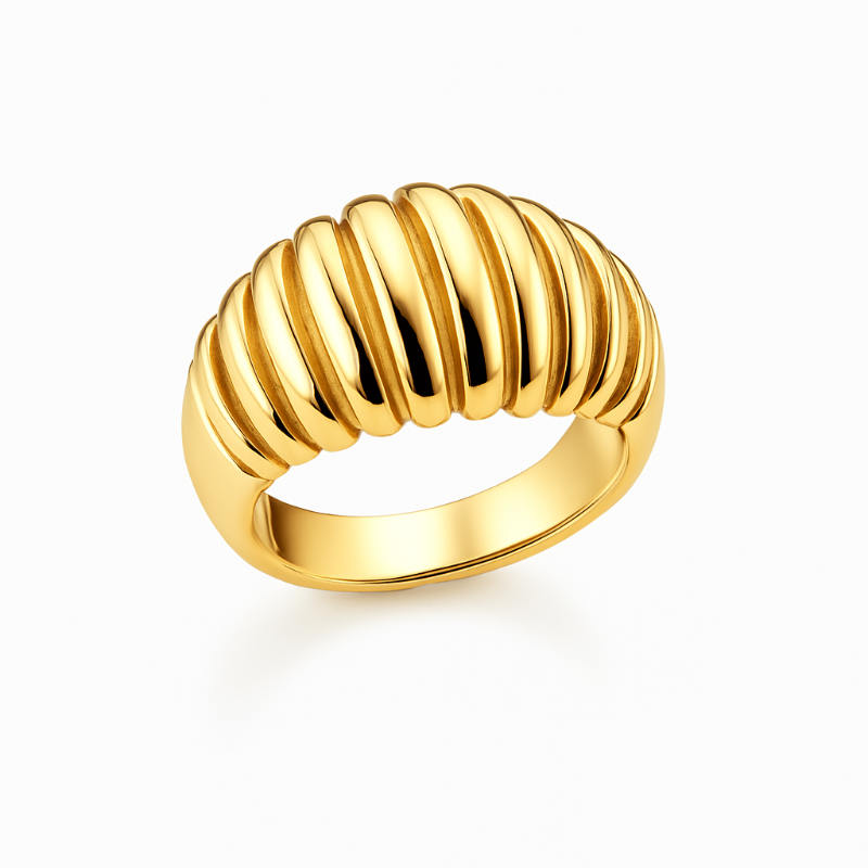 Gold ring with ribbed design on a white background