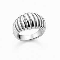 Silver ring with ribbed design on a white background