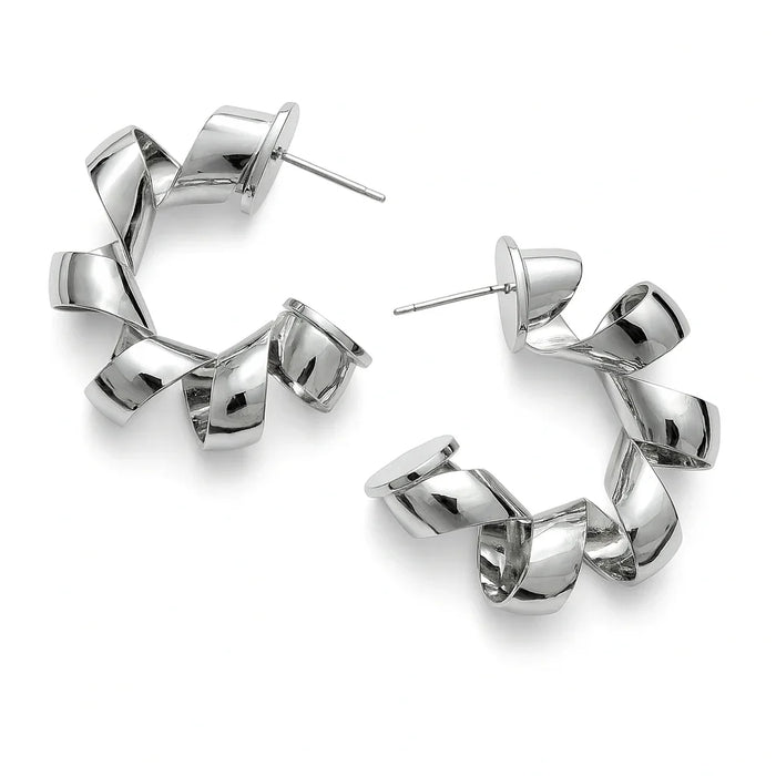 Silver telephone cord hoop earrings on a white background