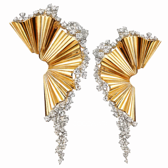 sculptural fan shaped gold earrings with cz diamonds around edge