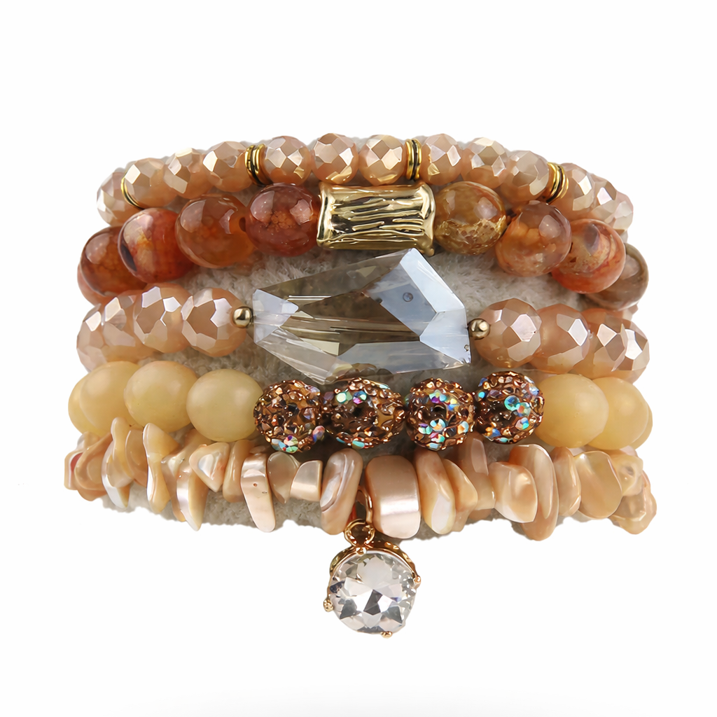 Stack of beaded bracelets with crystals