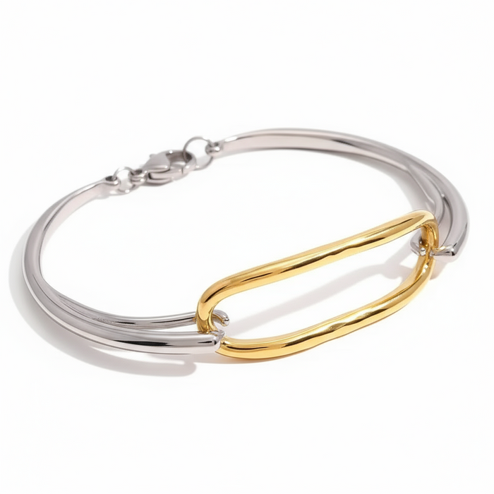 Silver and gold bracelet on a white background with 'Add to cart' button.