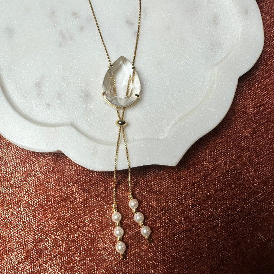 Gold pendant necklace with clear crystal and pearl accents, demi-fine jewelry by COCOA ARI