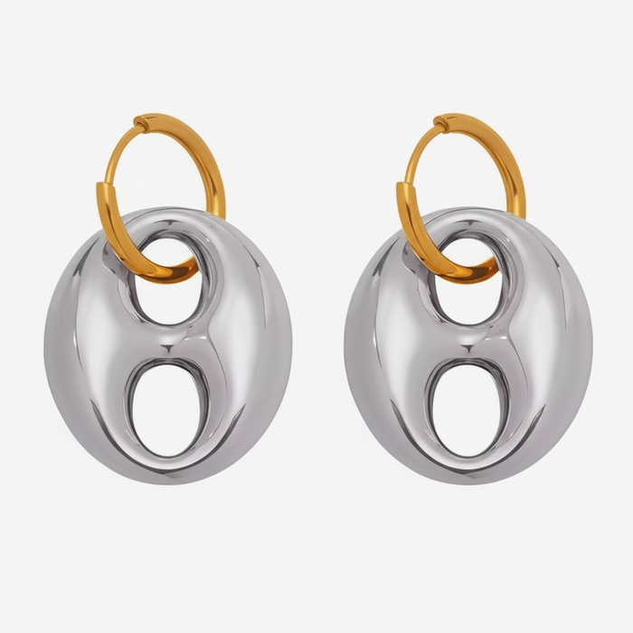 Pair of modern dangle earrings with gold and silver components