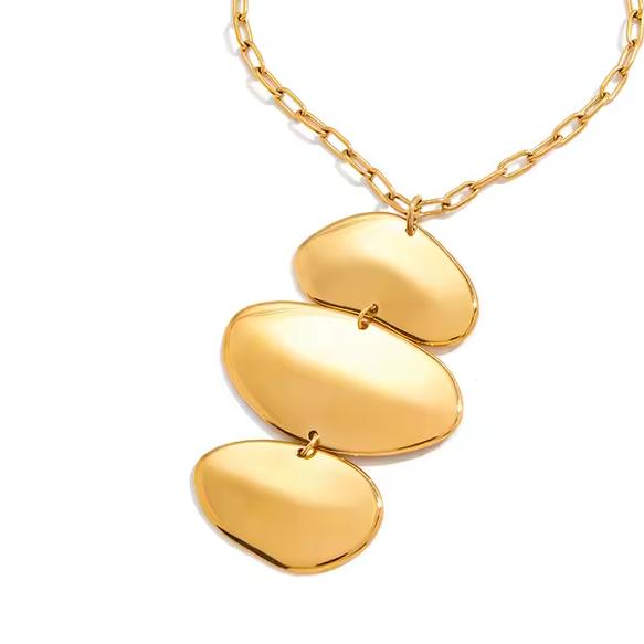 Gold necklace with three pebble-shaped pendants on a white background