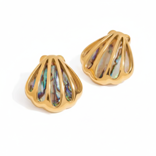 Gold earrings with multicolored gemstones, shown with measurements and product details on a white background.