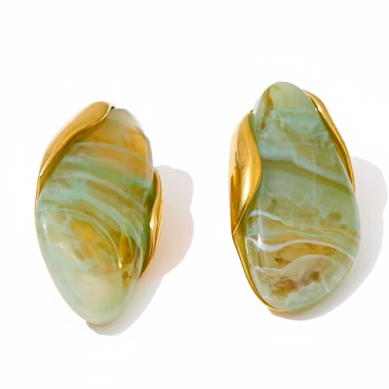Marbled green and gold earrings on a white background