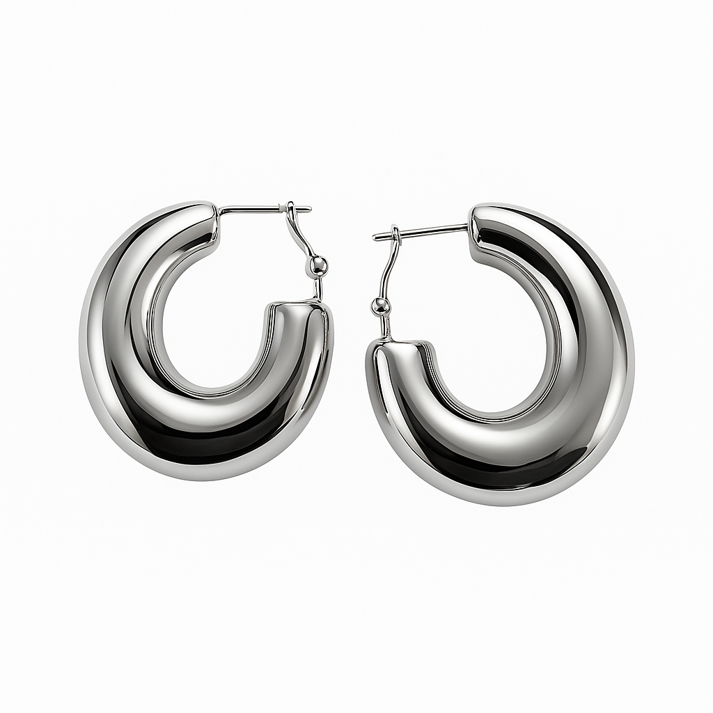 Pair of silver hoop earrings on a white background