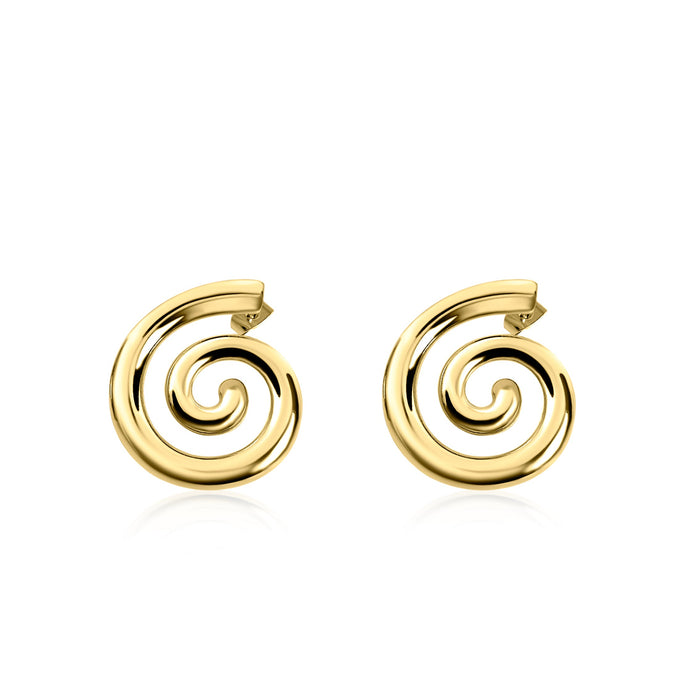 Gold spiral earrings on a white background