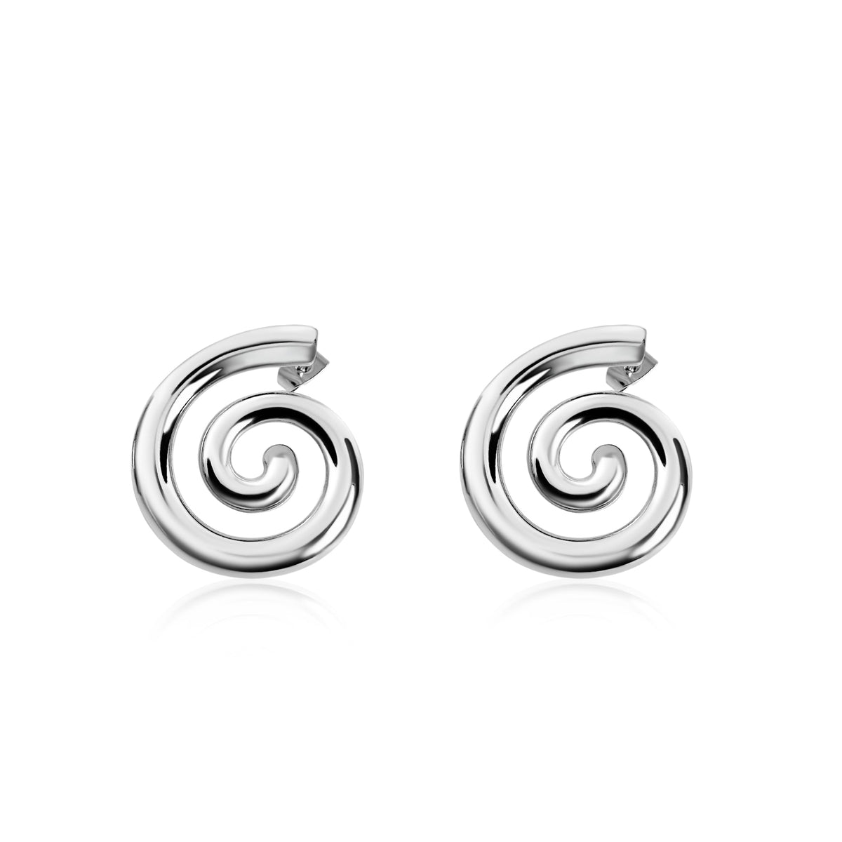 Pair of silver spiral earrings on a white background