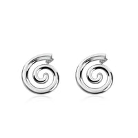 Pair of silver spiral earrings on a white background