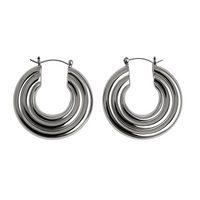 Pair of silver spiral hoop earrings on a white background