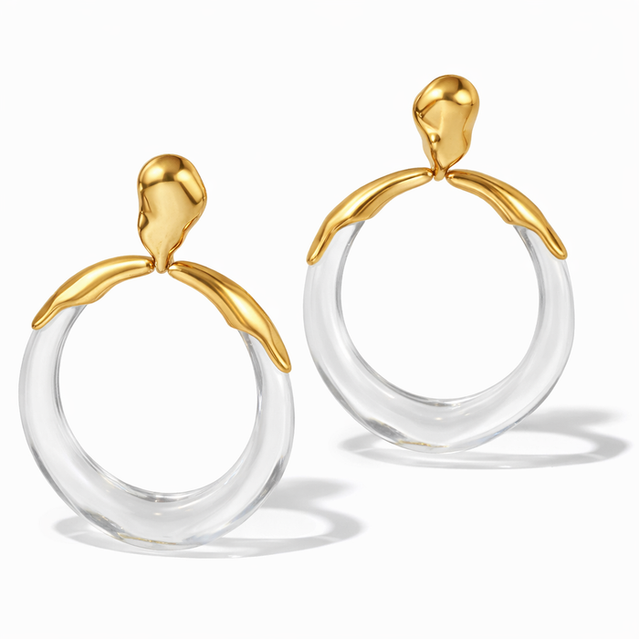 sculptural clear acrylic drop earrings with gold molten drip 