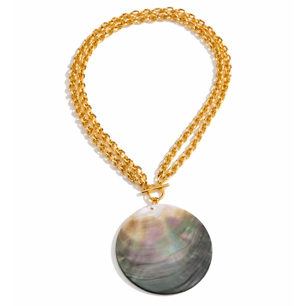 Gold chain necklace with a large round pendant 