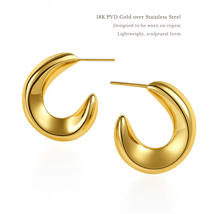 COCOA ARI 18K gold sculptural hoop earrings, lightweight demi-fine jewelry on white background